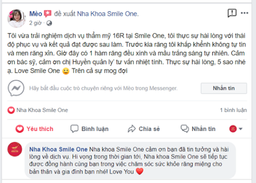 Chia sẻ của khách hàng Trần Thu Trang sau khi trải nghiệm dịch vụ Dán sứ veneer tại Nha khoa Smile One.