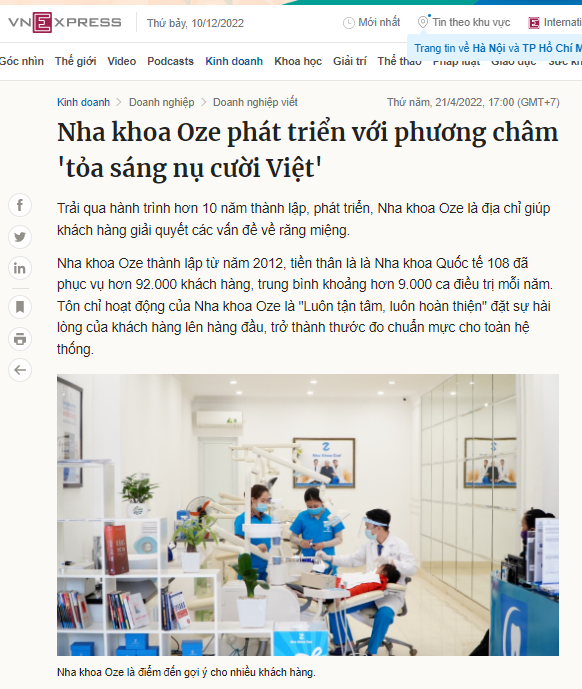 Nha khoa Oze được nhận định là điểm đến cho nhiều khách hàng trên VNExpress