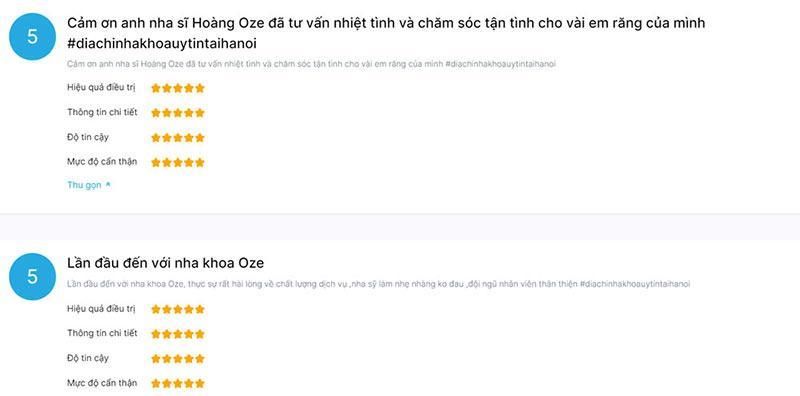 Review về nha khoa OZE trên website Bác sĩ tốt