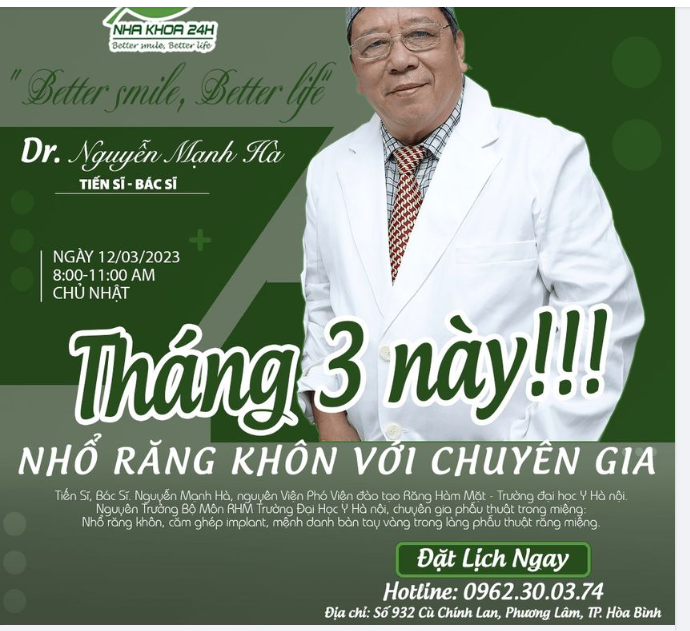 Nha Khoa 24H vinh dự có sự cộng tác của Tiến Sĩ, Bác Sĩ Nguyễn Mạnh Hà Nguyên viện phó viện đào tạo răng Hàm mặt - trường đại học y Hà nội.