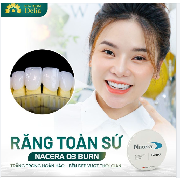Răng toàn sứ Nacera Q3 Burn xuất xứ từ Đức, là dòng răng toàn sứ cao cấp được rất nhiều khách hàng Delia ưa chuộng bởi những ưu điểm nổi bật: