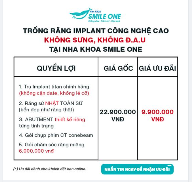 TRỒNG RĂNG IMPLANT CÔNG NGHỆ CAO KHÔNG SƯ.NG, KHÔNG Đ.AU CHỈ TỪ 9,9TR