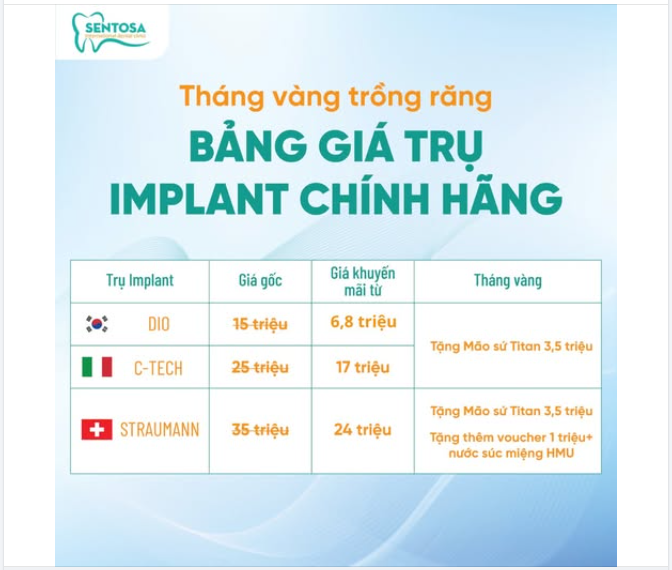 BẢNG GIÁ THÁNG VÀNG TRỒNG RĂNG IMPLANT CHỈ TỪ 6,8 TRIỆU/TRỤ