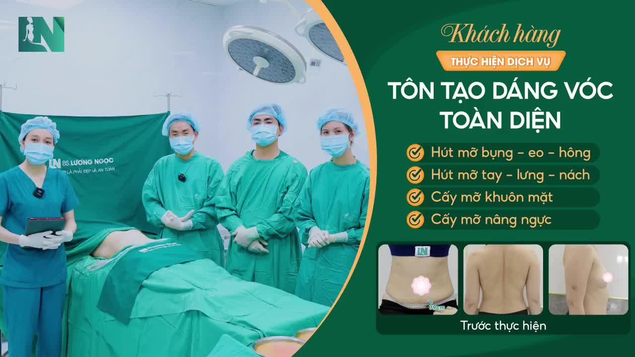 Ekip Bác sĩ Lương Ngọc trả lại dáng vóc toàn diện cho chị khách sinh năm 1981 với combo dịch vụ bao gồm: hút mỡ tạo dáng bụng-eo-hông, hút mỡ tạo dáng tay-lưng-nách, cấy mỡ khuôn mặt, cấy mỡ nâng ngực.