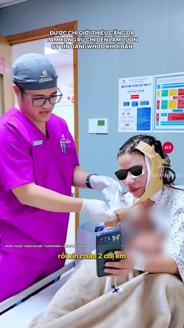 Chị làm làm xong liền call video cho chị gái giới thiệu đến làm vì quá hài lòng sau thực hiện phẫu thuật căng da mặt toàn phần + Smas nội soi 4K
