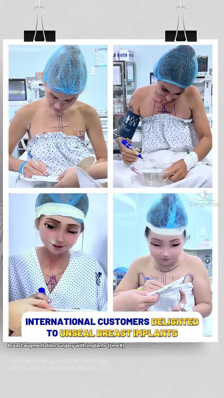 Khách hàng quốc tế rất vui mừng khi có thể tự tay bóc tem cấy ngực trước khi phẫu thuật tăng ngực
