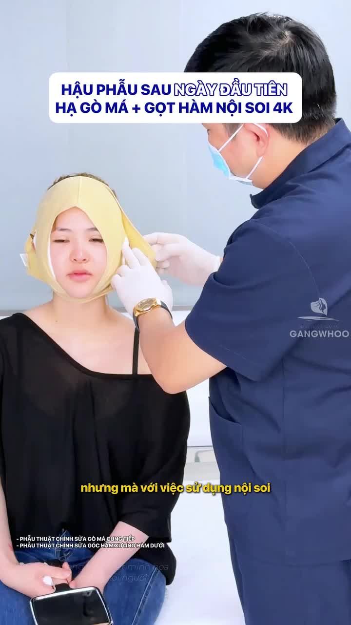 Hậu phẫu ngày đầu tiên của bạn nữ thực hiện combo dịch vụ hạ gò má và gọt hàm ứng dụng nội soi 4K,