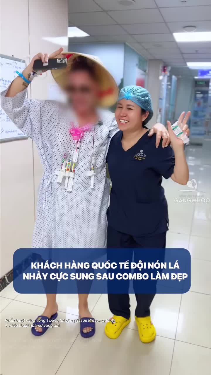 Nhập gia thì tùy tục khách hàng quốc tế đội nón lá nhảy cực sung sau khi thực hiện combo làm đẹp nâng vòng 1 + hút mỡ đùi tại Gangwhoo