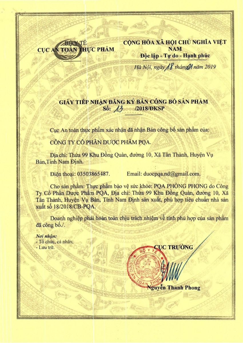 Sản phẩm PQA Phòng Phong - Thư giãn xương khớp được Bộ Y tế chứng nhận trước khi đưa ra thị trường