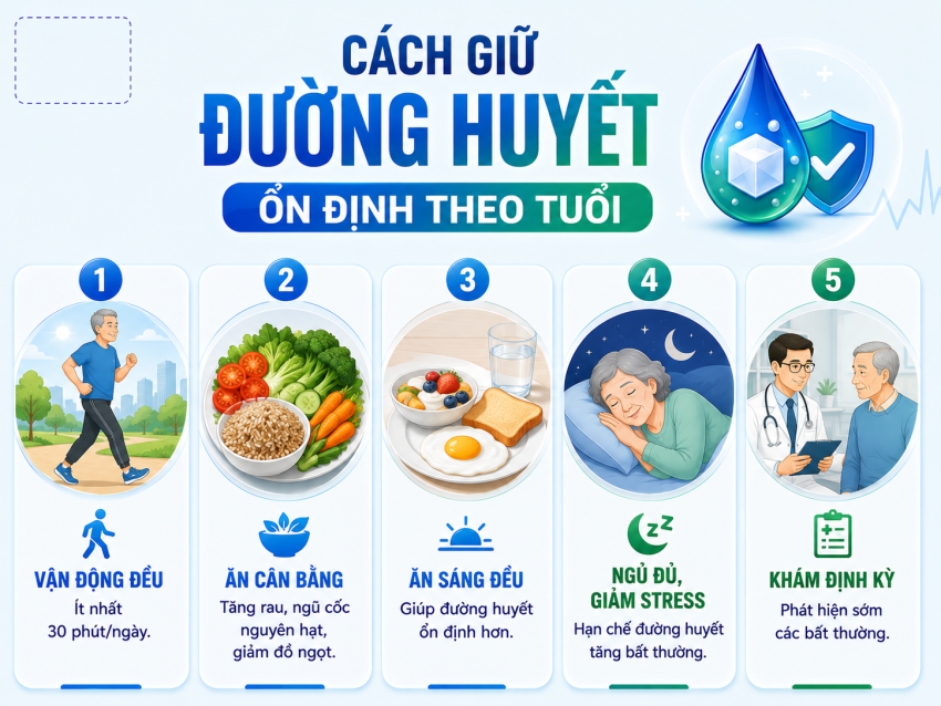 Cách giữ đường huyết ổn định ở người lớn tuổi bằng lối sống lành mạnh.