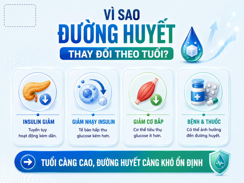 Đường huyết thay đổi theo tuổi do giảm insulin, cơ bắp và độ nhạy insulin.
