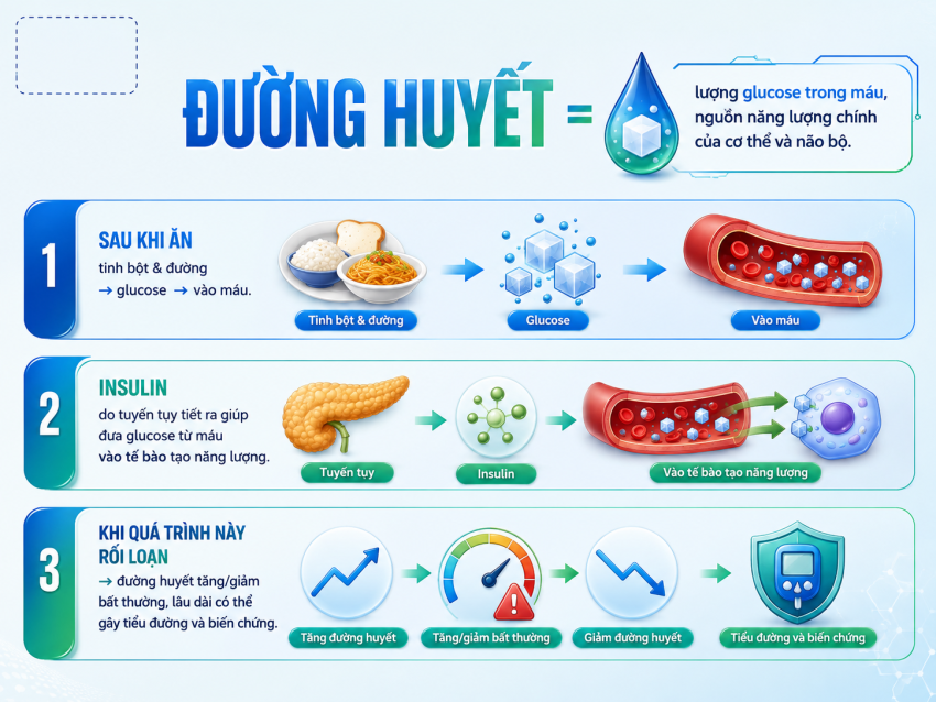 Đường huyết là lượng glucose trong máu, cung cấp năng lượng và được insulin điều hòa.